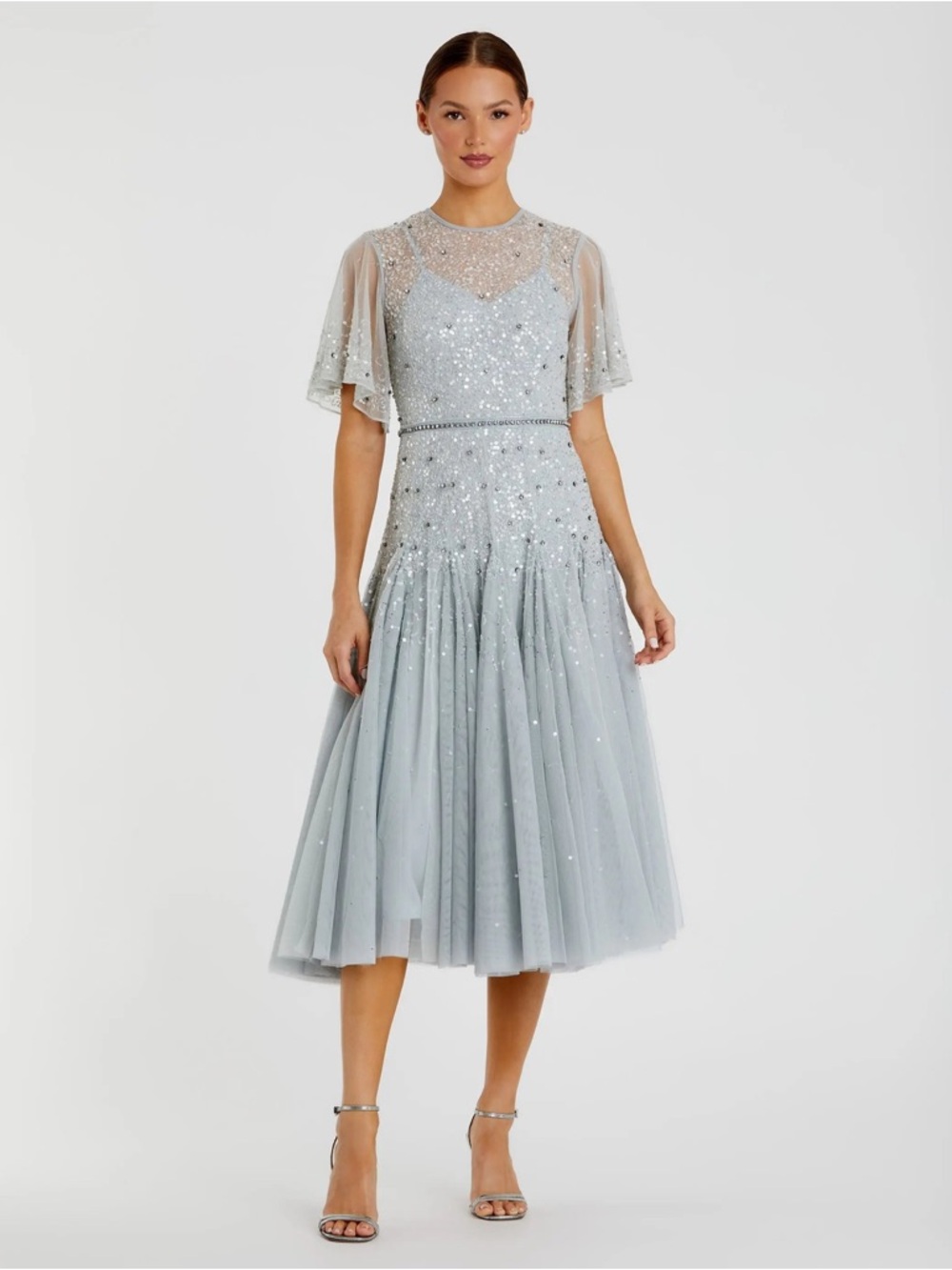 NWT:Flutter cape Sleeve Beaded Tea Length Drop Waist Dress - a few loose threads